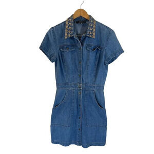 PG Collections Vintage Denim Button Down Dress 10 Metallic Embroidered Collar